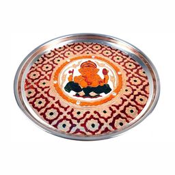 apka mart Beige & Red Textured Pooja Thali Plate with Ganesh Design-picture-38