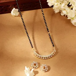 Priyaasi Gold-Plated AD-Studded & Beaded Mangalsutra With Earrings-image-22