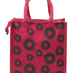 pranjals house pink flower jute lunch bag Grocery Bag image 1