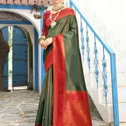 Anouk Green & Red Checked Zari Art Silk Kanjeevaram Saree-picture-20