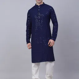 Jompers Men Navy Blue Floral Embroidered Sequinned Pure Cotton Kurta with Churidar-picture-19