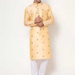 THE GENTLEMENS CLUB Men Brown Floral Embroidered Linen Kurta with Pyjamas-picture-30