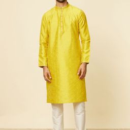 Manyavar Mustard Mandarin Collar Art Silk Kurta with Pyjama-picture-14