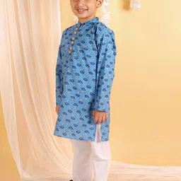 The Mom Store Boys Mandarin Collar Floral Printed Regular Pure Cotton Kurta with Pyjamas image 2