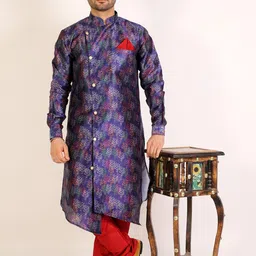 Pro-Ethic STYLE DEVELOPER Men Navy Blue Angrakha Kurta with Pyjamas image 3