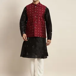 SOJANYA Men Black Mirror Work Kurta with Pyjamas & Nehru Jacket-picture-10