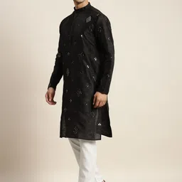 SOJANYA Men Black Mirror Work Kurta with Pyjamas & Nehru Jacket image 4