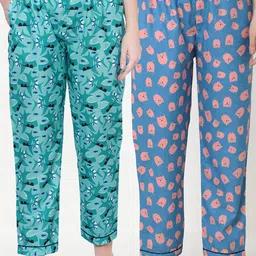FashionRack Women Pack Of 2 Green & Blue Printed Cotton Lounge Pants-image-87