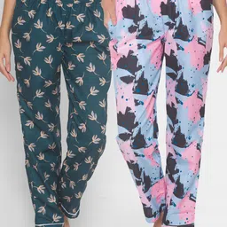 FashionRack Women Blue & Green Pack of 2 Cotton Printed Lounge Pants-picture-13