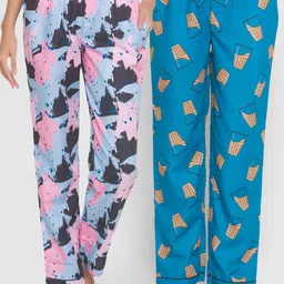 FashionRack Women Blue Pack of 2 Cotton Printed Lounge Pants-image-6