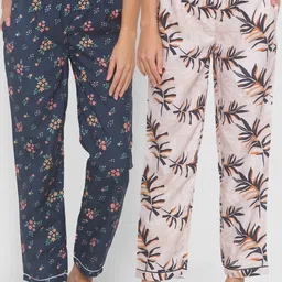 FashionRack Women Pack of 2 Beige & Navy Blue Cotton Printed Lounge Pants-picture-11