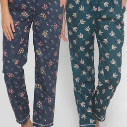 FashionRack Women Green & Navy Blue Pack Of 2 Printed Lounge Pants-picture-39