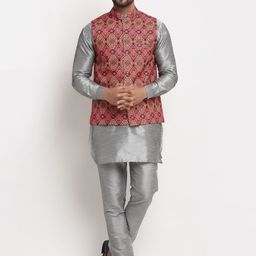 Benstoke Men Grey Dupion Silk Kurta with Pyjamas & Nehru Jacket-picture-7