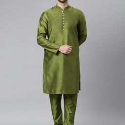 Hangup Men Green Ethnic Motifs Regular Dupion Silk Kurta with Churidar & Nehru Jacket-picture-42