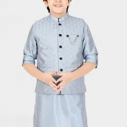 CAVIO Boys Blue Floral Embroidered Layered Kurta with Pyjamas image 1