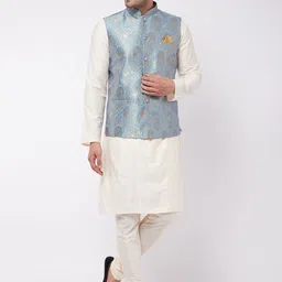 VASTRAMAY Men Cream-Coloured Kurta with Pyjamas With Nehru Jacket image 1