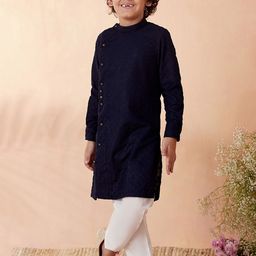 Manyavar Boys Navy Blue Embroidered Kurta with Pyjamas-picture-24