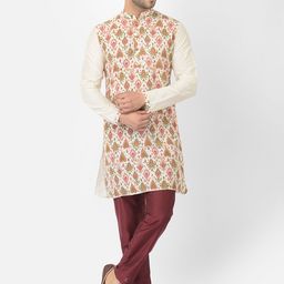 DEYANN Men Off White & Maroon Ethnic Motifs Printed Kurta with Trousers-picture-9