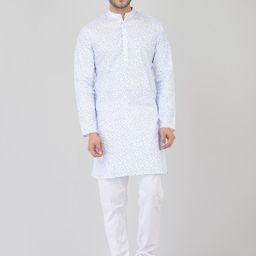 DEYANN Men White & Blue Printed Pure Cotton Kurta with Churidar-picture-6