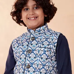 Manyavar Boys Blue Solid Kurta with Pyjamas And Nehru Jackect image 5