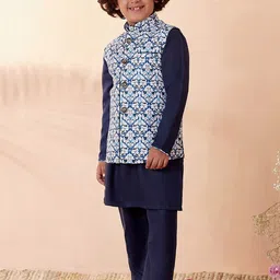 Manyavar Boys Blue Solid Kurta with Pyjamas And Nehru Jackect image 3