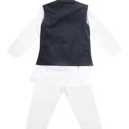 VASTRAMAY Boys White & Blue Cotton Blend Kurta Pyjama Polka Dot Printed Nehru Jacket image 5