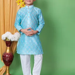 BAESD Boys Ethnic Motifs Embroidered Mandarin Collar Dupion Silk Straight Kurta & Pyjamas-picture-33
