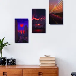 999Store Brown & Blue Set of 3 Mountain View And Beautiful City Wall Painting Frames image 1