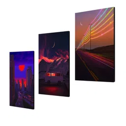 999Store Brown & Blue Set of 3 Mountain View And Beautiful City Wall Painting Frames image 3