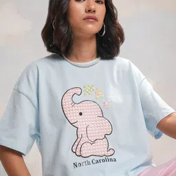 tokyo talkies Women Self Design Round Neck Pure Cotton Blue T-Shirt-picture-22