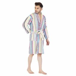 Multicolor Striped 100% Cotton Men Bathrobe With Slippers (M) By Rangoli-picture-19