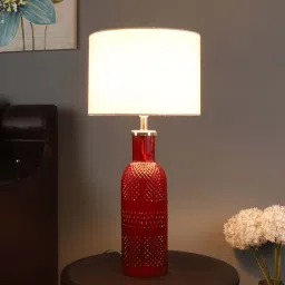 White Iron & Cloth Shade Table Lamp With Red Base By Sapphire image 1