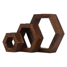 house of sajja Hexagon Brown Wood Set Of 3 Table Tea Light Holder image 5
