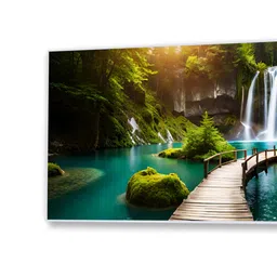 nestroots White Canvas Framed Enchanting Waterfall with Scenic Bridge Wall Painting(24X48 Inch) image 5