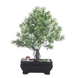 White Plastic And Polyester Blend 3 Branched Greenish White Leaves Bonsai Tree With Pot By Foliyaj image 2