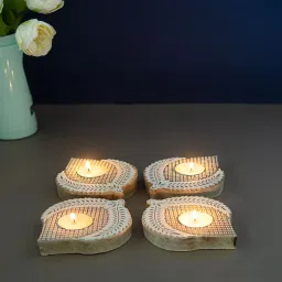 golden peacock Hand-Carved Leaf Brown Colour Mdf T- Light Candle Holder Blocks image 1