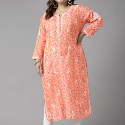 ADA Women Plus Size Peach-Coloured Floral Embroidered Chikankari Kurta-picture-25