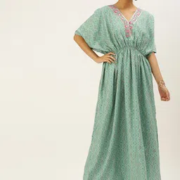Ethnovog Sea Green Ethnic Motifs Print Satin Finish Kaftan Maxi Dress-picture-39