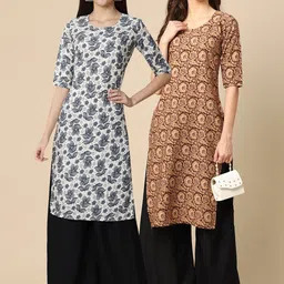 7threads KALINI Women Pack Of 2 White & Beige Floral Printed Crepe Kurta image 1