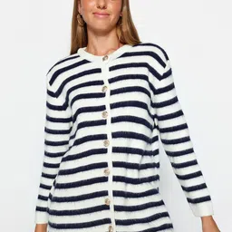 Trendyol Striped Round Neck Acrylic Cardigan-image-2