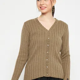 CREATIVE LINE Self Design V- Neck Long Sleeves Woollen Cardigan Sweater-picture-29