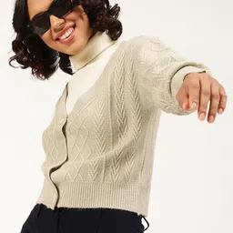 CENTRESTAGE Women Cream-Coloured Cable Knit Cardigan-picture-35