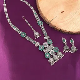 MANSIYAORANGE Rhodium Plated Oxidised Artificial Stones and Beads Studded Jewellery Set image 1
