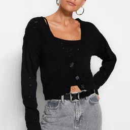 Trendyol Self Design V-Neck Long Sleeves Pure Acrylic Crop Cardigan Sweaters-picture-34