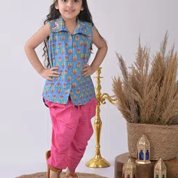 here&now x kinder kids Kinder Kids Girls Floral Printed Shirt Collar Sleeveless Pure Cotton Kurti & Dhoti Pants image 1
