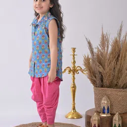 here&now x kinder kids Kinder Kids Girls Floral Printed Shirt Collar Sleeveless Pure Cotton Kurti & Dhoti Pants image 3