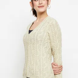 CREATIVE LINE Self Design V- Neck Long Sleeves Woollen Cardigan Sweater image 4
