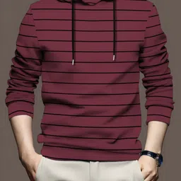 Men Striped Hooded Neck Cotton Blend Maroon T-Shirt-image-33