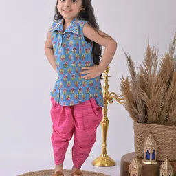 here&now x kinder kids Kinder Kids Girls Floral Printed Shirt Collar Sleeveless Pure Cotton Kurti & Dhoti Pants image 5