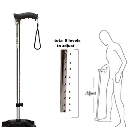 kds surgical 4 Leg Quadripod Chrome Height Adjustable Black With Support Walking Stick image 4